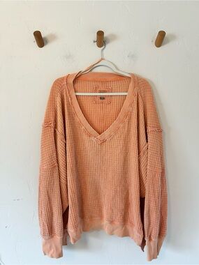 American Eagle Oversized V-Neck Waffle Pullover Sweatshirt Sz XL Orange Soft